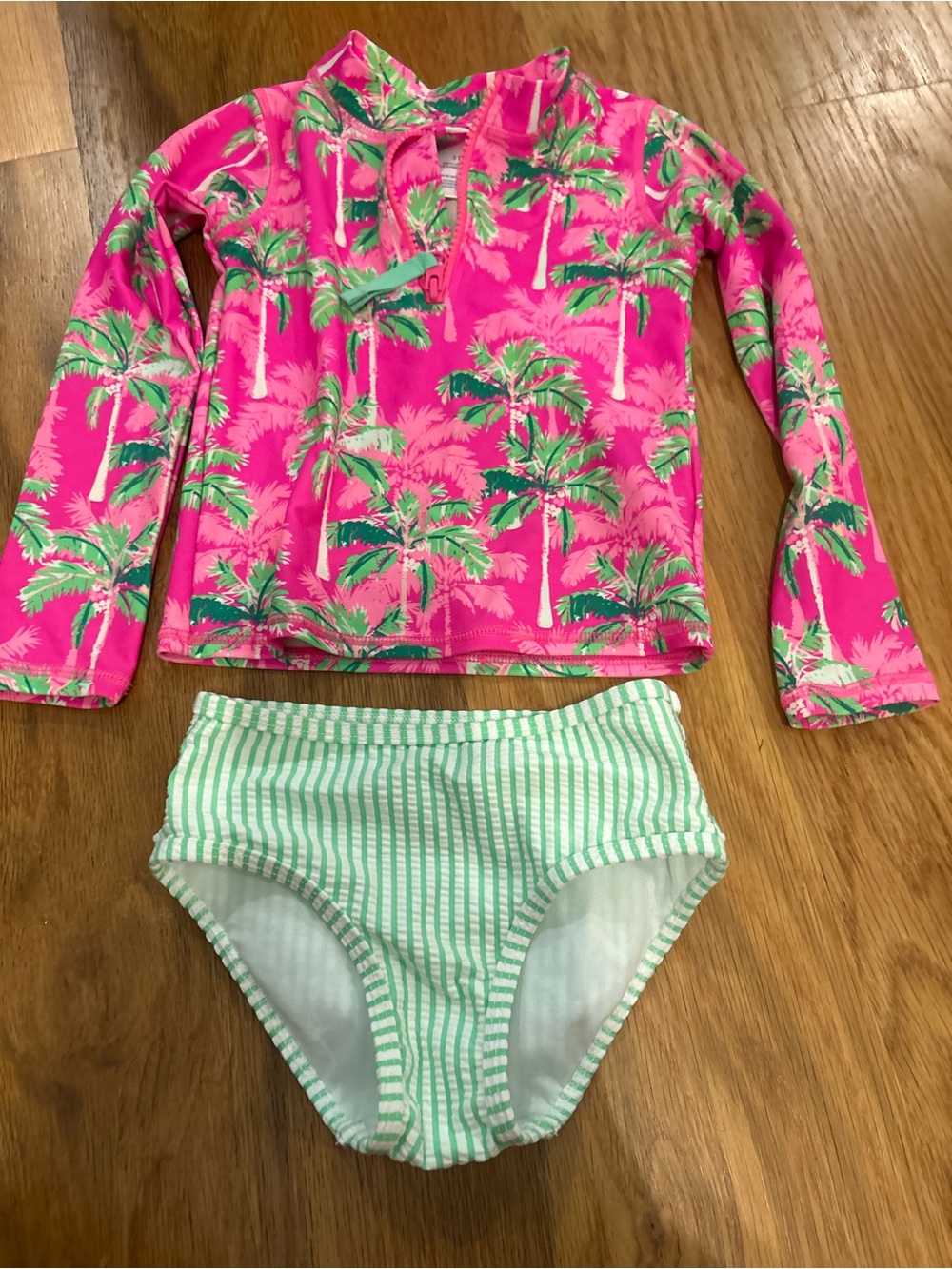 Ruffle Butts Hot Pink Palm-Print Rashguard Set with Mint Stripe Bottoms